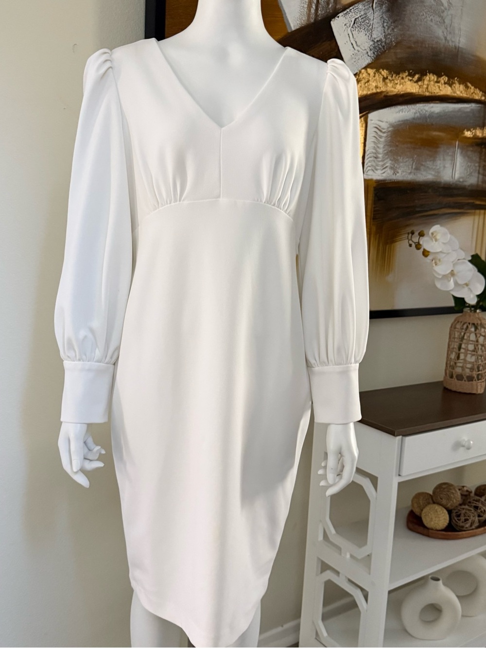 Calvin Klein White V-Neck Puff Sleeve Midi Dress